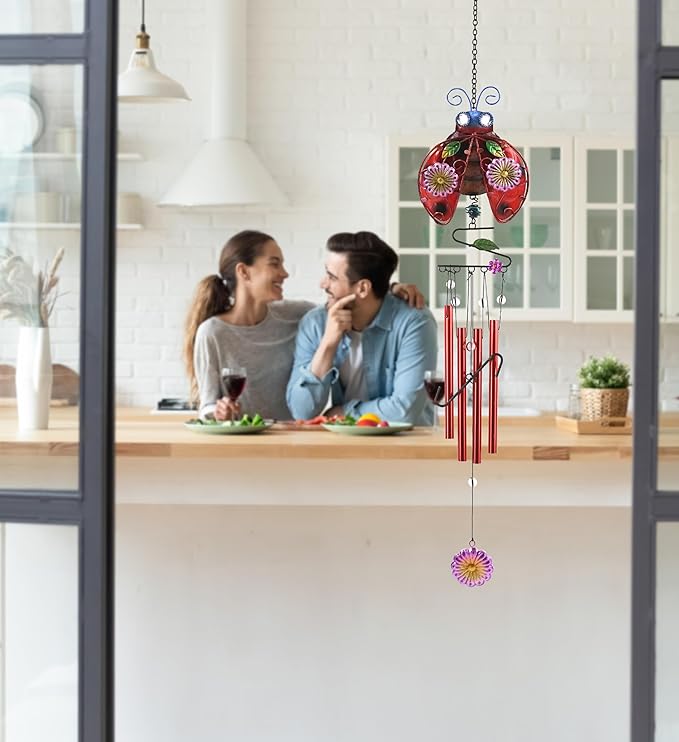 CoTa Global Ladybug Wind Chime - Handmade Glass and Metal Chime - Bug Wild Life Hanging Decor - Colorful Home Decor Gift, Indoor and Outdoor Hanging Decoration For Porch, Patio, and Garden - 33.5 Inch