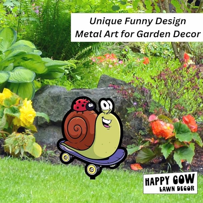 Garden Outdoor Small Metal Art 7"x 6" Weather Resistant Lawn Ornaments Sturdy Stakes Yard Sign Decoration for Patio (Skateboarding Snail)