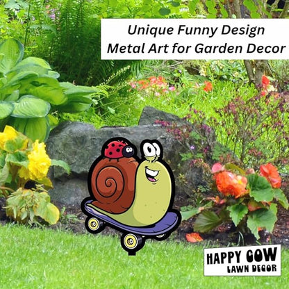 Garden Outdoor Small Metal Art 7"x 6" Weather Resistant Lawn Ornaments Sturdy Stakes Yard Sign Decoration for Patio (Skateboarding Snail)