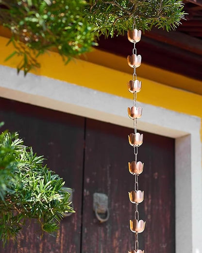 Elegant Copper Rain Chain Large Cup, Replacement Downspout for Gutters, Outside Rainwater Catcher Diverter for Villa/Deck/Pergola (Style a 2.8m (9.2ft))