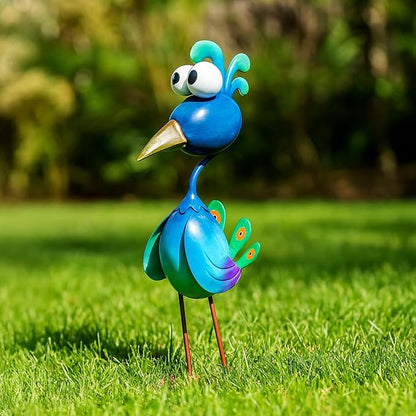 All-Weather Metal Bird Yard Sculpture, Colorful Art Figurine with Big Whimsical Eyes, Decorative Blue Green Gradient Garden Statue for Patio, Backyard, and Courtyard