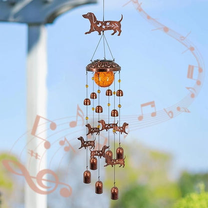 Dachshund Solar Wind Chimes for Outside,Metal Dog WindChimes with Cracked Glass Lights,Hanging Solar Lights Outdoor,Yard,Patio,Garden,Porch Decor