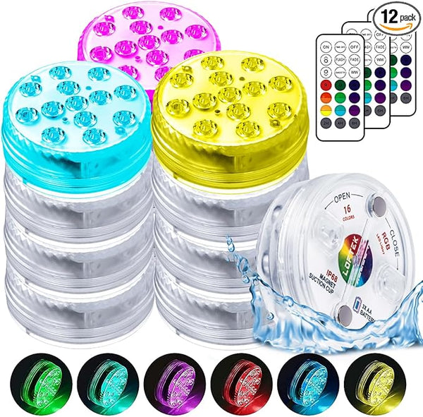 LOFTEK Submersible LED Lights with Remote, 13 LED Pool Lights for Inground Above Ground Pool with Magnets &Suction Cups,16 Color Changing Underwater Light for Pond Battery Operated, 12 Pack