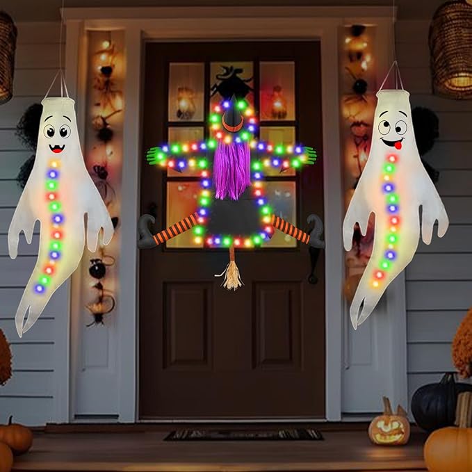 Crashing Witch into Tree Halloween Outdoor Decoration with 2 Pack 43‘’ Hanging Ghost Light Up Ghost Decorations, Halloween Decor for Yard Garden Porch