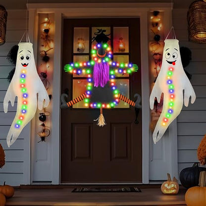 Crashing Witch into Tree Halloween Outdoor Decoration with 2 Pack 43‘’ Hanging Ghost Light Up Ghost Decorations, Halloween Decor for Yard Garden Porch