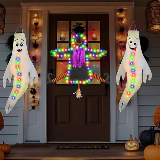 Crashing Witch into Tree Halloween Outdoor Decoration with 2 Pack 43‘’ Hanging Ghost Light Up Ghost Decorations, Halloween Decor for Yard Garden Porch