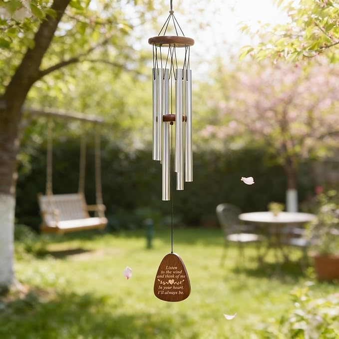 Wind Chimes for Outside, 28" Sympathy Memorial Wooden Wind Chimes for Loss of Loved One Mother Father, Pet Sympathy Gift Suitable for Outdoor, Garden, Patio Decoration Home Decor, Silver