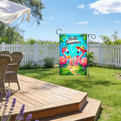 Nuxovilar Summer Garden Flag Hello Summer Flamingo Drink Tropical Pattern Polyester 12x18 Inches Garden Flags for Outside Seasonal Decor Yard Porch Lawn