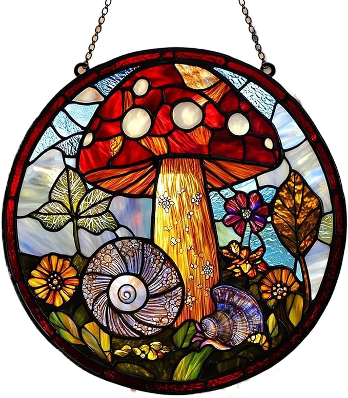 Mushroom Window Hanging Suncatcher Faux Stained Hummingbirds and Flowers for Women Elegant Home Wall Decor Sun Catchers Indoor Windown Suncatchers Windows Garden