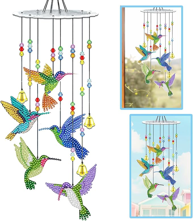 JeCuiK Hummingbird Diamond Painting Wind Chimes Double Side DIY Diamond Art Kits for Adults Diamond Painting Kits Wind Chimes 3D Diamond Art Suncatchers Hanging Ornament Crafts for Garden Decor