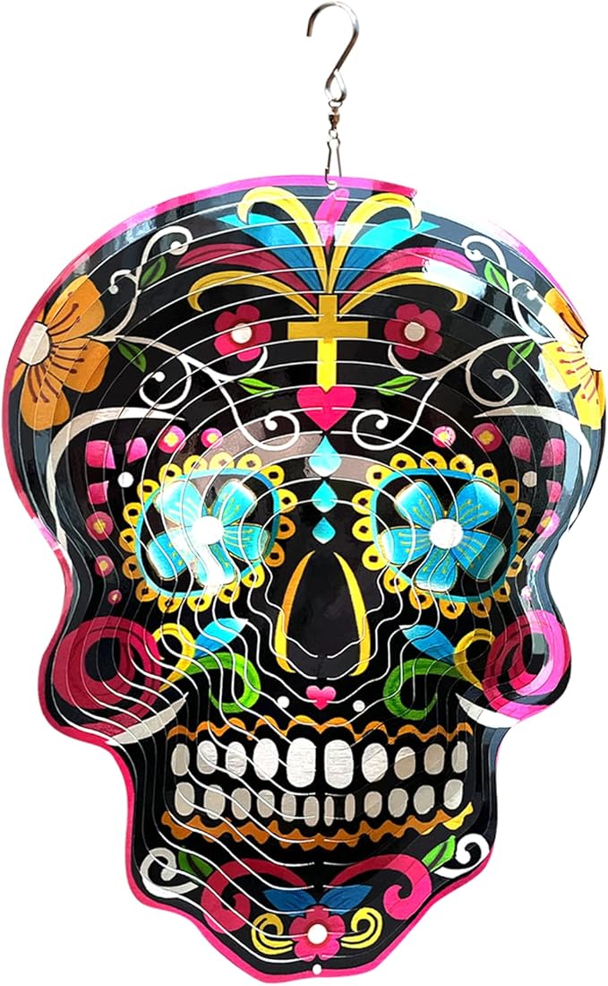 FONMY Kinetic 3D Metal Garden Wind Spinner Unique Gifts Outdoor Decorations Quality Hanging Ornament for Home and Garden 12inch Mandala Black Sugar Skull Wind Spinners