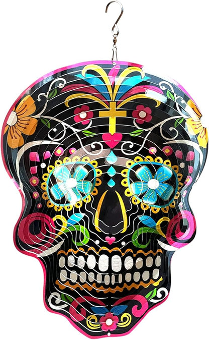 FONMY Kinetic 3D Metal Garden Wind Spinner Unique Gifts Outdoor Decorations Quality Hanging Ornament for Home and Garden 12inch Mandala Black Sugar Skull Wind Spinners