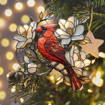 Vivid Cardinal Floral Tiffany Art Acrylic Suncatcher Stained Glass Effect Window Car Hanging Christmas Ornament Indoor Outdoor Decor Garden Sun Catcher Panel for Cardinal Lover for Women Mom Grandma