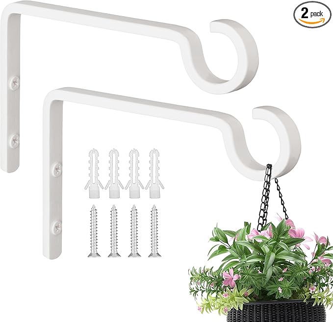Monarch Abode Plant Hangers – Wall Mount Plant Hooks for Hanging Baskets, 6 Inch Metal White Fence Wall Plants Hanger for Outdoor Indoor, Flower Pot, Bird Feeder, Wind Chime Bracket, 2 Pack