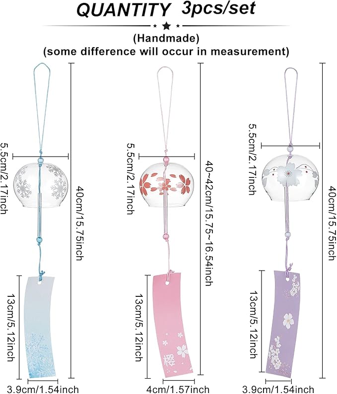 BENECREAT 3PCS Japanese Wind Chimes Pink/Blue/Purple Glass Wind Bells Handmade Pendants for Birthday Gift and Home Decoration