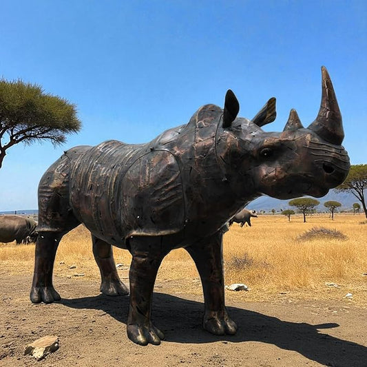 Zaer Ltd. Large Rhinoceros Iron Garden Statue, Powder Coated Metal, 57.5" Tall, Freestanding, Rustic Finish