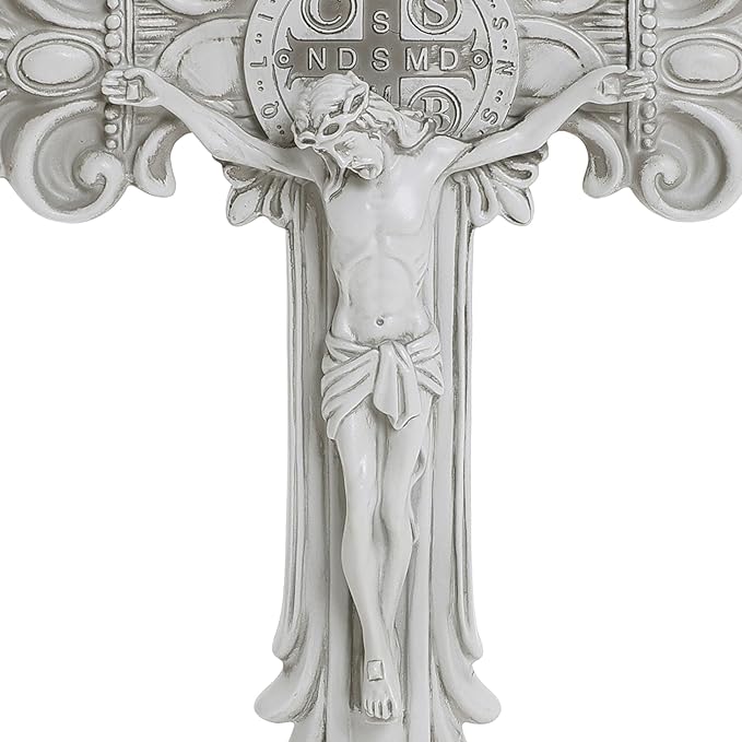 LuxenHome Jesus Cross Decor Statue, 19 Inch Tall Off White Polyresin Holy Cross Jesus Crucifix Statue, Standing Crucifix Catholic Decor for Indoor Outdoor Garden, Christ Sculpture Gift