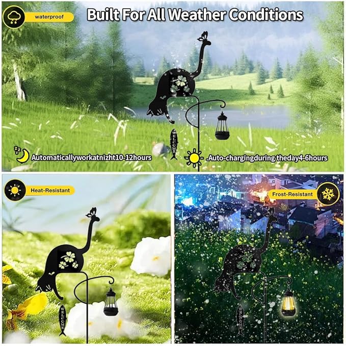 Solar Powered Black cat Fishing Light, Garden Decorative Iron Art Cute cat Fishing Ground Light, Wireless Dusk to Dawn LED Landscape lamp Waterproof.
