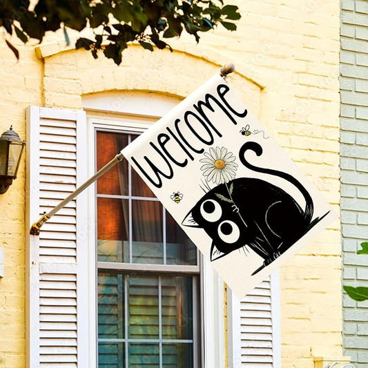 AVOIN colorlife Black Cat Spring Summer House Flag 28x40 Inch Double Sided Outside, Seasonal Daisy Welcome Yard Outdoor Flag