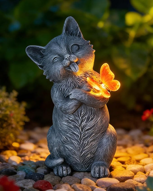 Solar Cat Garden Statue Outdoor Decor 10 Inch with LED Butterfly Light, Resin Cat Decor for Yard Patio Porch Lawn Balcony, Solar Garden Decor, Gifts for Mom Grandma Women