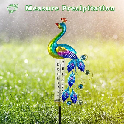 Peacock Rain Gauge Outdoor 36.6" Solar Powered Large Rain Gauges Freeze Proof Water Gauge with Metal Stakes Decorative for Garden,Lawns,Patio