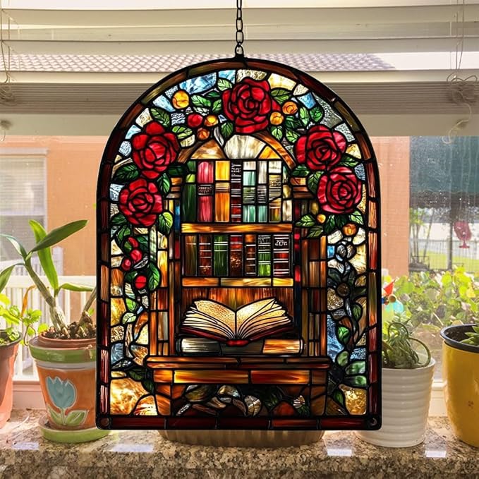 Floral Library Bookshelf Acrylic Suncatcher Stained Glass Effect Window Car Hanging Christmas Ornament Indoor Outdoor Decor Garden Sun Catcher Panel for Book Lover for Women Mom Grandma