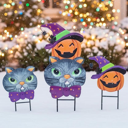 Halloween Decorations Outdoor with Cute Black Cat Pumpkin, Metal Halloween Yard Stakes, Stacked Jack-o-Lantern Garden Stakes Decor for Pathway Patio Party, 25"