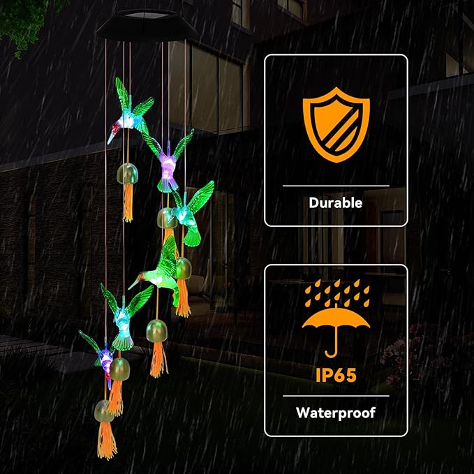 Hummingbird Gifts for Women Mom Grandma,Hanging Solar Wind Chimes for Outside,Waterproof LED Gardening Garden Decor Lights for Festival Birthday Gifts for Girlfriend Wife (Black Housing)