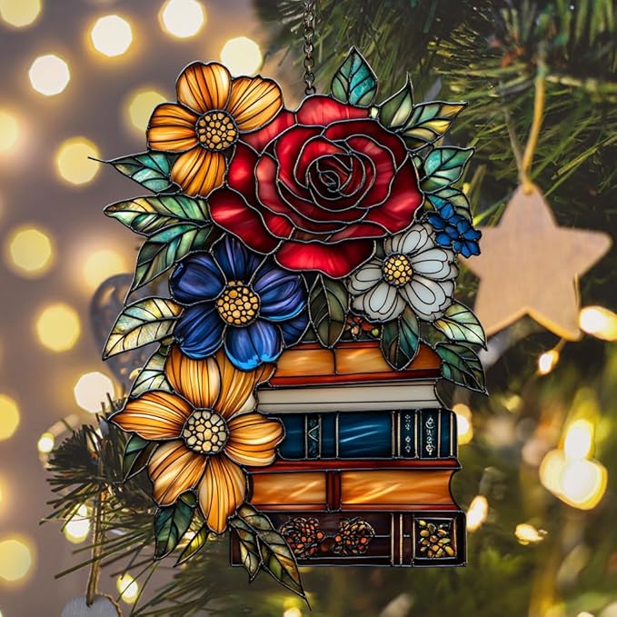 Floral Books Stack Acrylic Suncatcher Stained Glass Effect Window Car Hanging Christmas Ornament Indoor Outdoor Decor Garden Sun Catcher Panel for Book Lover for Women Mom Grandma