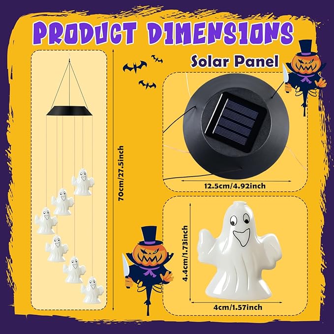 GlikCeil Halloween Solar Wind Chimes 27.5Inch Halloween Decorations Outside Waterproof Hanging LED for Yard, Porch, Patio, Party, Color Changing Eyeballs Ghost Lights(Ghost)