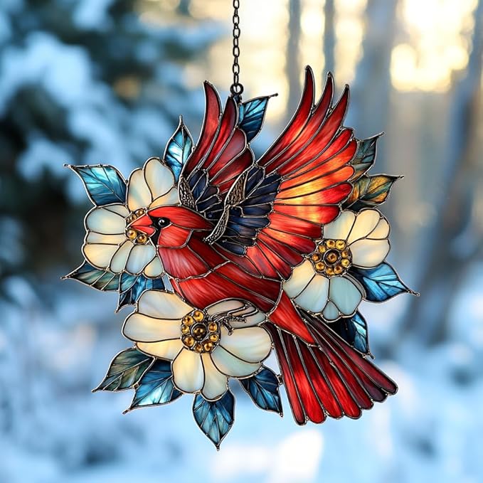 Flying Red Cardinal Acrylic Suncatcher Stained Glass Effect Window Car Hanging Christmas Ornament Indoor Outdoor Decor Garden Sun Catcher Panel for Cardinal Lover for Women Mom Grandma