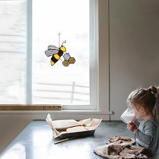 Bee On Honeycomb Stained Glass Window Hangings, Bees Suncatcher Garden Bee Decor Gift for Mom Women