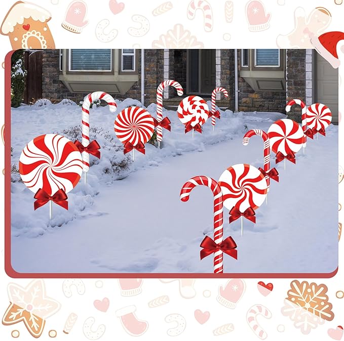 Glenmal 12 Pcs Christmas Yard Decor Outdoor Peppermint and Candy Cane Yard Decorations with Stakes Waterproof Xmas Garden Lawn Pathway Decorations Christmas Decor Outside(Red Peppermint)