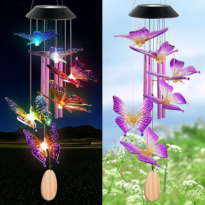 Solar Butterfly Wind Chimes for Outside, 6 Gold Jingle Bells & S Hook, Color Changing Windchimes Outdoor, Patio Yard Decor, Waterproof Gardening Gifts for Mom Women Birthday Housewarming Chimes Gift