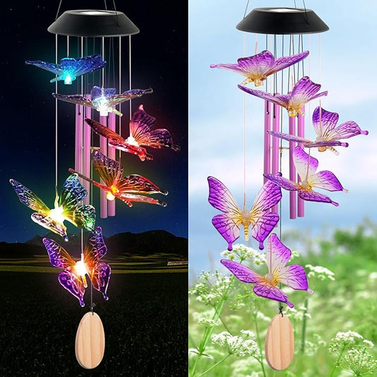 Solar Butterfly Wind Chimes for Outside, 6 Gold Jingle Bells & S Hook, Color Changing Windchimes Outdoor, Patio Yard Decor, Waterproof Gardening Gifts for Mom Women Birthday Housewarming Chimes Gift