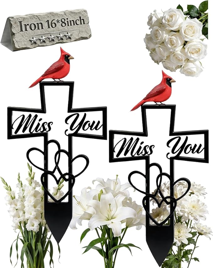 Metal Cemetery Memorial Plaque for Remembrance Cardinal Graveyard Decorations for Humans Red Bird Markers Cross Sign Garden Outdoor Stake Miss You Headstones Easter Sympathy Gifts Tombstones(2pcs)