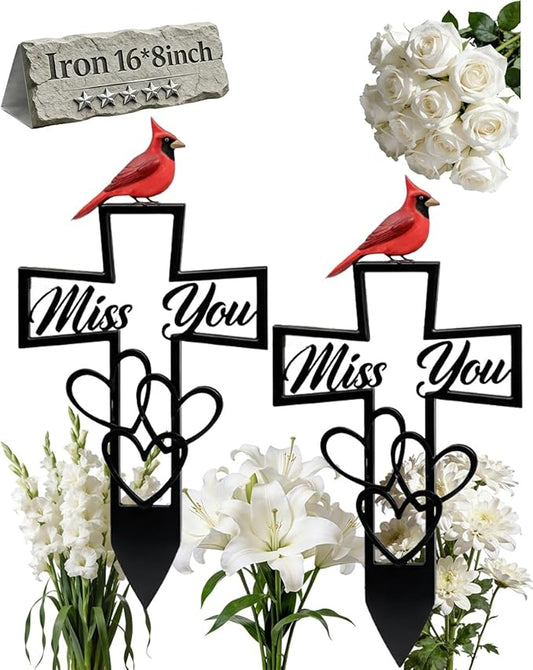 Metal Cemetery Memorial Plaque for Remembrance Cardinal Graveyard Decorations for Humans Red Bird Markers Cross Sign Garden Outdoor Stake Miss You Headstones Easter Sympathy Gifts Tombstones(2pcs)