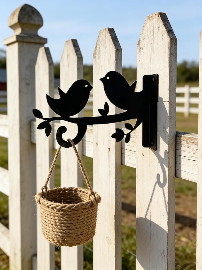 Iron Plant Hangers Hooks for Outdoor -10inch Hanging Plants Flower Fern Pots Lantern Bird Feeder Wind Chimes for Porch Garden Farmhouse (Two Little Birds were Playing on the Branch)