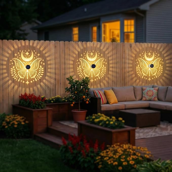 Gardsee Solar Fence Lights Outdoor 2 Pack Deck Step Wall Lights Butterfly Metal Waterproof LED Warm Yellow Light for Garden Post Patio Backyard Yard Decor (Black 1)
