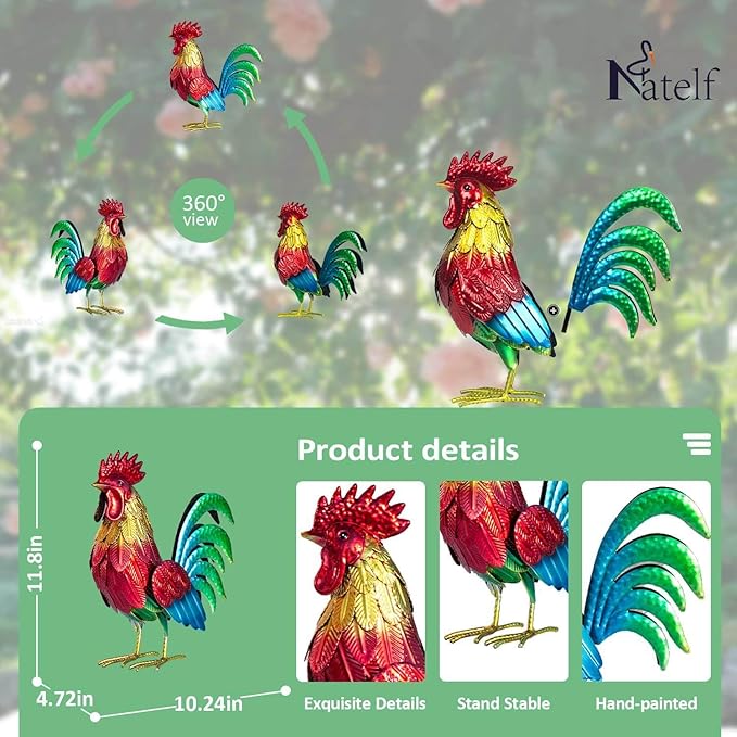 Natelf Metal Rooster Garden Statue Decor, Chicken Yard Art Standing Sculpture Lawn Ornament for Patio, Backyard, Kitchen, Home Decoration (red)