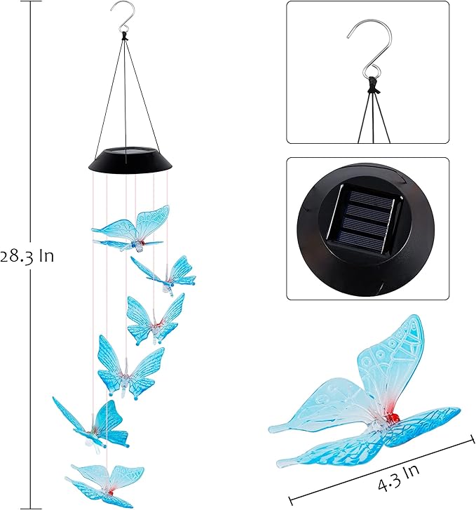 SAND MINE Solar Wind Chimes, Outdoor Butterfly Wind Chimes, Color Changing LED Mobile Wind Chime, Outdoor Waterproof LED Solar Light for Porch Deck Garden Patio Decor, Blue