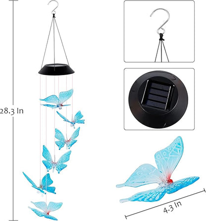 SAND MINE Solar Wind Chimes, Outdoor Butterfly Wind Chimes, Color Changing LED Mobile Wind Chime, Outdoor Waterproof LED Solar Light for Porch Deck Garden Patio Decor, Blue