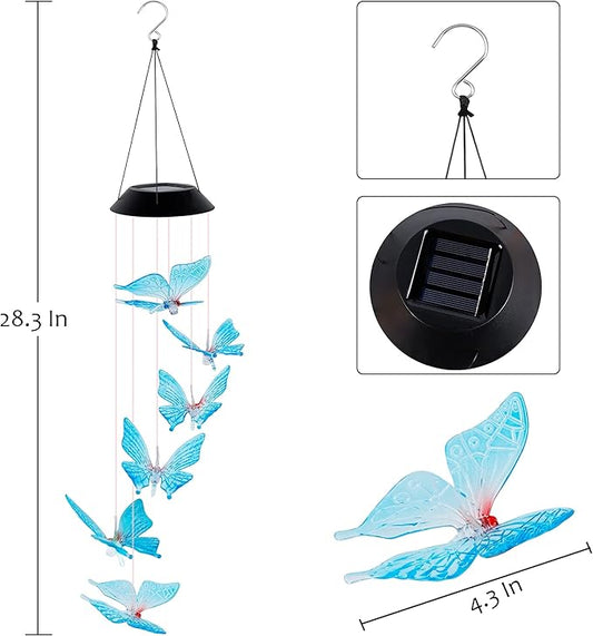 SAND MINE Solar Wind Chimes, Outdoor Butterfly Wind Chimes, Color Changing LED Mobile Wind Chime, Outdoor Waterproof LED Solar Light for Porch Deck Garden Patio Decor, Blue