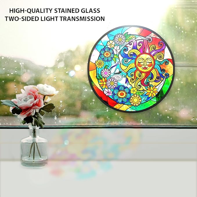 WIRESTER Stained Glass Suncatcher 6 Inch, Glass Panel with Metal Chain, Sun Catcher Window Hanging Ornament for Indoor Outdoor Wall Art Home Decoration - Colorful Sun and Moon