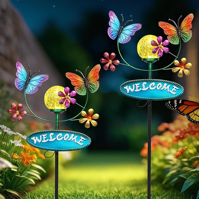 Solar Garden Stakes Metal Welcome Signs for Outside 28.1' - 2 Flying Butterflies with Cracked Glass Ball,Decorative Garden Stakes for Lawn, Patio, Butterfly Gifts for Women