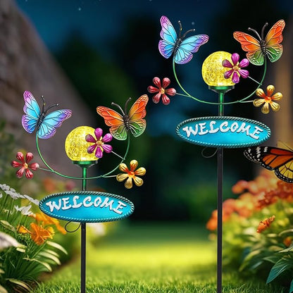Solar Garden Stakes Metal Welcome Signs for Outside 28.1' - 2 Flying Butterflies with Cracked Glass Ball,Decorative Garden Stakes for Lawn, Patio, Butterfly Gifts for Women