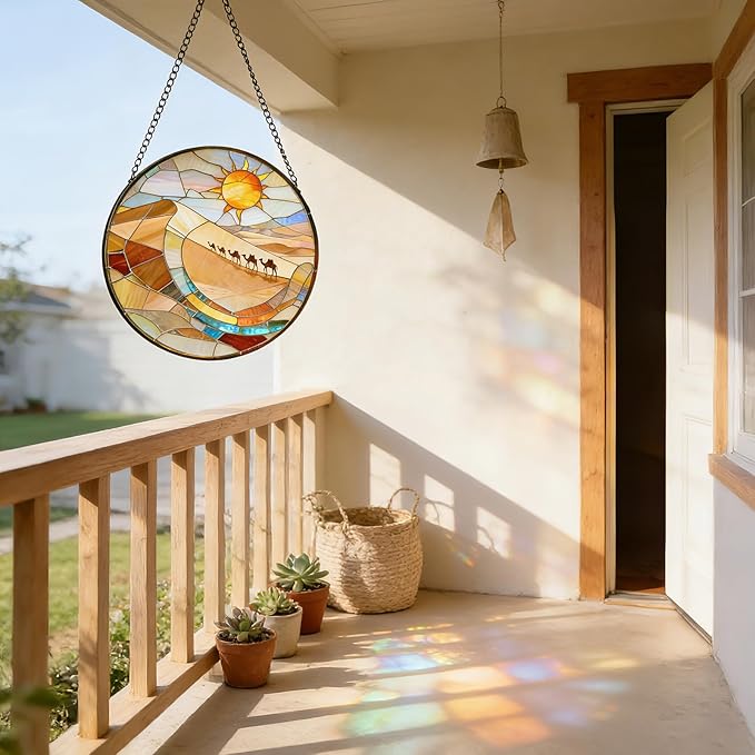 7.8 Inch Stained Glass Window Hanging Desert and Camel Suncatcher Decor for Birthday for Women, Men, Wife, Aunt, and Mom