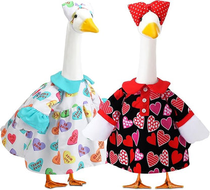 Abbylike 2 Set Weeding Porch Goose Outfit Conversation Heart Yard Goose Costume Clothes Fits Large 23'' Cement for Valentine's Day Garden Pathway Statue Decor