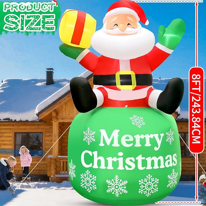 8FT Christmas Inflatable Santa 8FT Sitting Santa Claus Christmas Inflatables Outdoor Decorations Xmas Santa Blow Up Yard Decor with Built-in 5 LEDs for Yard Garden Lawn(with Storage Bag)