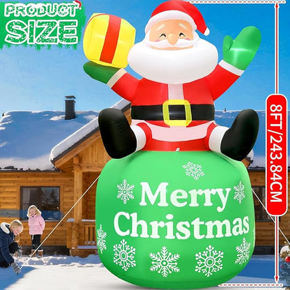 8FT Christmas Inflatable Santa 8FT Sitting Santa Claus Christmas Inflatables Outdoor Decorations Xmas Santa Blow Up Yard Decor with Built-in 5 LEDs for Yard Garden Lawn(with Storage Bag)